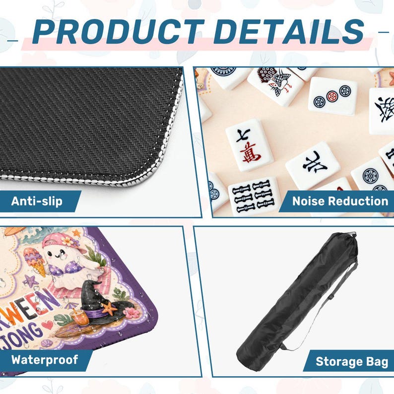 May include: A product detail collage featuring a black anti-slip mat texture, white mahjong tiles for noise reduction, a colorful mat surface with a ghost graphic and the text HALLOWEEN MAHJONG, and a black cylindrical storage bag with a shoulder strap.