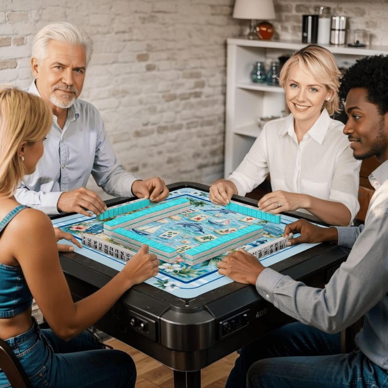 Puede incluir: Una mesa de Mahjong cuadrada negra con un dise&ntilde;o floral azul claro y blanco. Cuatro personas est&aacute;n sentadas alrededor de la mesa, jugando. Las fichas son de color azul claro y blanco.
