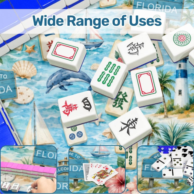 Puede incluir: Una colecci&oacute;n de fichas de Mahjong blancas con varios s&iacute;mbolos y marcas, esparcidas sobre un fondo con tem&aacute;tica de playa. La imagen incluye el texto "Wide Range of Uses" y tambi&eacute;n muestra naipes y domin&oacute;.