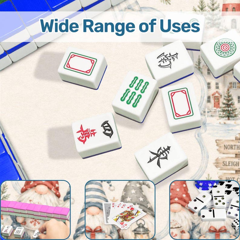 Op de afbeelding: Witte Mahjong-tegels met blauwe randen en diverse symbolen en ontwerpen. De tekst "Wide Range of Uses" wordt bovenaan weergegeven. De afbeelding bevat ook illustraties van kabouters, speelkaarten en dominostenen.