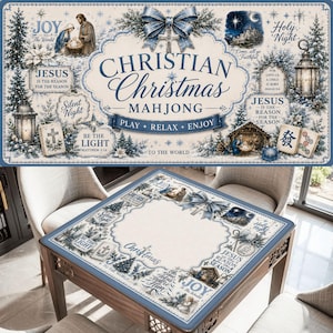 May include: A Christian Christmas Mahjong game table with a blue and white design. The table features religious imagery, text, and Christmas-themed decorations. The text includes "Jesus is the reason for the season" and "Holy Night".