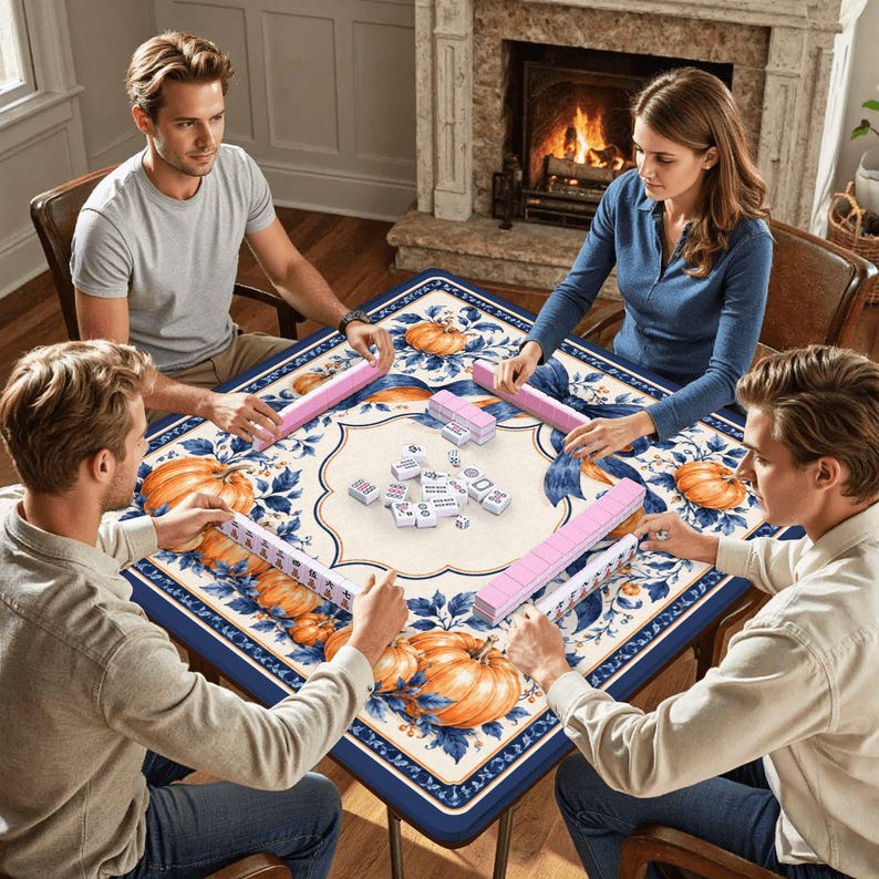 May include: A square mahjong table covered with a cream-colored cloth featuring a blue border and a pattern of orange pumpkins and blue ribbons. The table holds four racks of pink tiles and a central collection of white mahjong tiles with symbols.