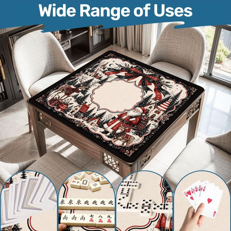 May include: A square game table mat featuring a festive Christmas design with Santa Claus, reindeer, pine trees, and a large red bow. The mat is shown in use with playing cards, mahjong tiles, and dominoes, displaying the text Wide Range of Uses.