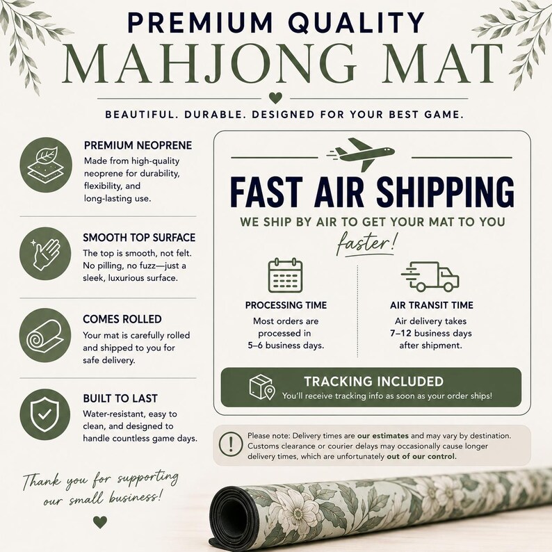 May include: A rolled mahjong mat featuring a light green floral pattern on a dark base. The image includes text detailing product features such as premium neoprene material, a smooth top surface, and durability, alongside shipping information.
