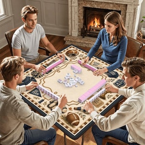 May include: A square game table featuring a beige surface with football-themed illustrations including helmets, balls, and pennants. Four players are seated around the table, which is set with white mahjong tiles and pink tile racks.