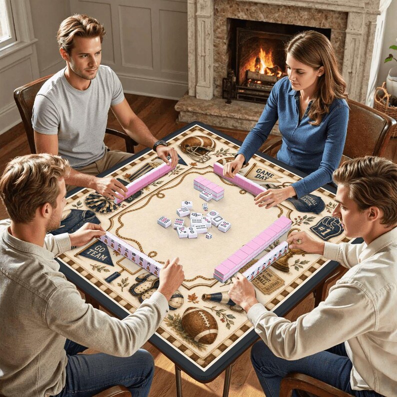 May include: A square game table featuring a beige surface with football-themed illustrations including helmets, balls, and pennants. Four players are seated around the table, which is set with white mahjong tiles and pink tile racks.