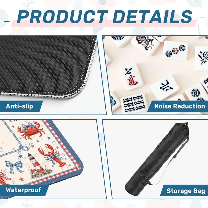 K&ouml;nnte beinhalten: Produktbild mit Details: schwarze Anti-Rutsch-Oberfl&auml;che, Mahjong-Steine, eine wasserdichte Matte mit nautischen Illustrationen und eine schwarze Aufbewahrungstasche. Die Matte zeigt rote Krabben, einen Leuchtturm und blaue Schleifen.