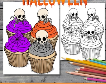 May include: Halloween-themed coloring pages featuring cupcakes topped with skulls and spiderwebs. The image includes a colored version and a black and white version, along with the text "35-Spooky Dessert Coloring Pages".