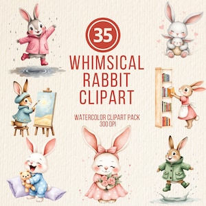 Cute Bunny Clipart, Watercolor Bunnies PNG, Transparent Background, Funny rabbits, Boho Nursery, Watercolor Floral Bunnies