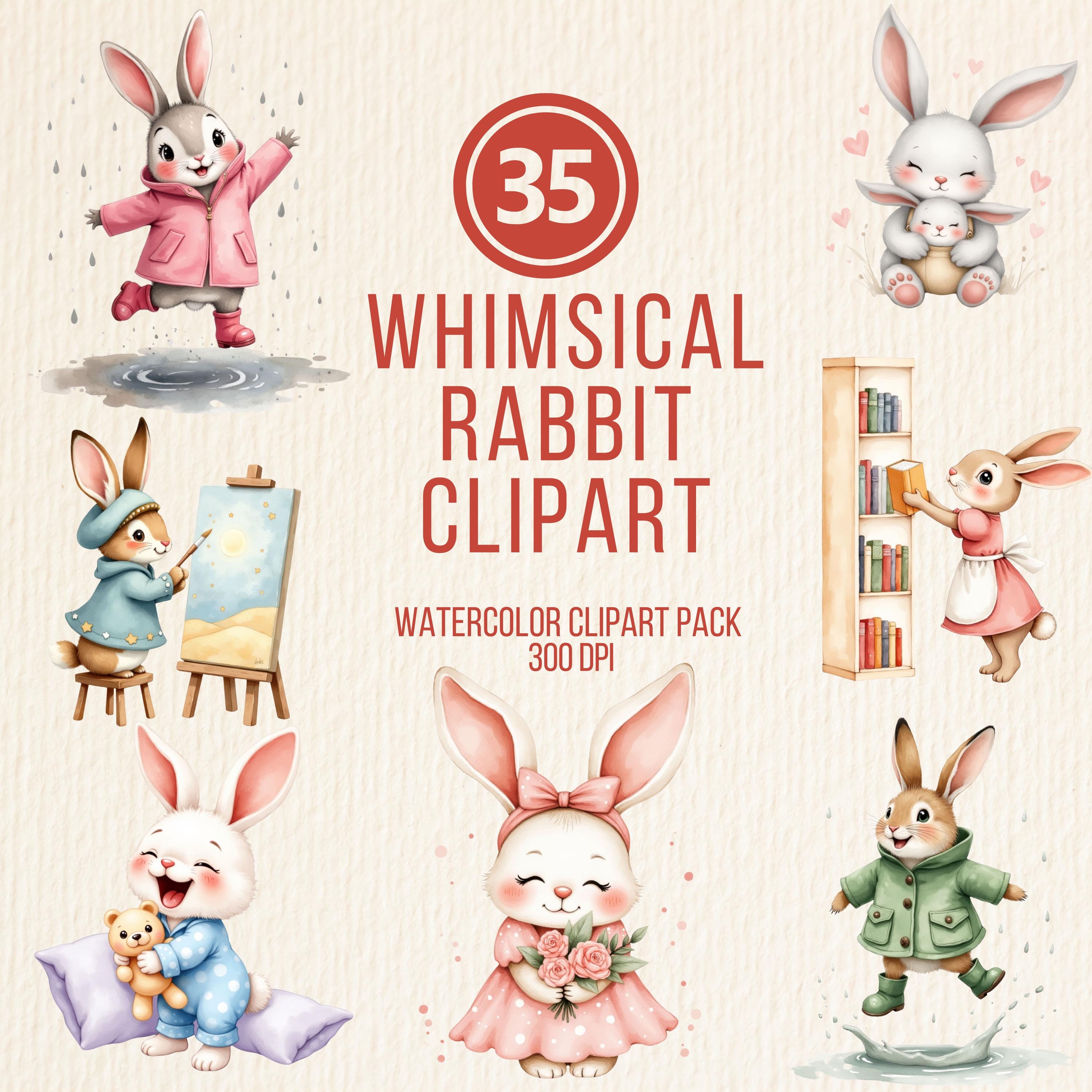 Whimsical Rabbit Clipart Bundle – Watercolor Bunny Clipart Set, Cute ...