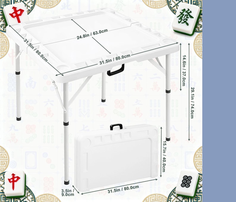 Puede incluir: Mesa de Mahjong plegable blanca con estuche de transporte. La mesa mide 80,0 cm de ancho y 74,0 cm de alto. El estuche mide 80,0 cm de ancho y 40,0 cm de alto. Se muestran fichas de Mahjong.
