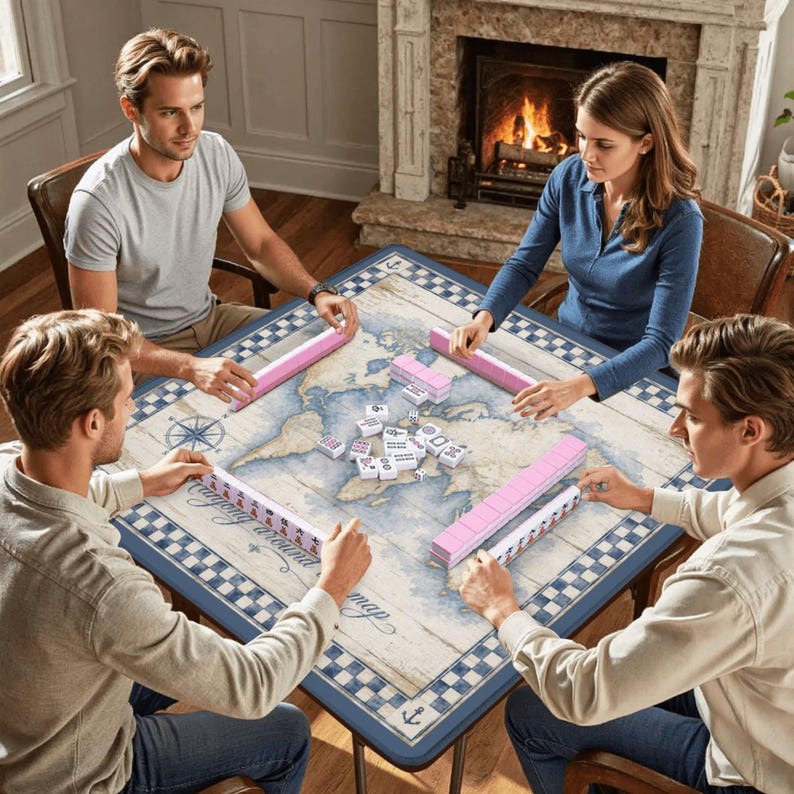 Op de afbeelding: Vier mensen spelen een spel rond een vierkante tafel met een wereldkaartontwerp en een blauw-wit geblokte rand. Roze spelstukken zijn zichtbaar, wat wijst op een spelletje Mahjong.