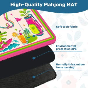 May include: A multi-layered Mahjong mat featuring a top surface with a colourful graphic of a golf bag, a cocktail, and a surfing alligator. The mat includes a soft tech fabric layer, an environmental protection XPE core, and a non-slip rubber foam backing.