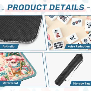 May include: Product details image with four sections. Top left shows a close-up of a black, anti-slip surface with white stitching. Top right shows white Mahjong tiles. Bottom left shows a colorful, waterproof mat with a Santa illustration. Bottom right shows a black storage bag.