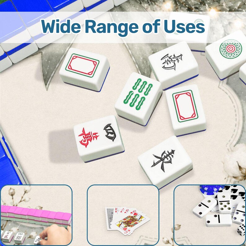 May include: A set of white Mahjong tiles with various red, green, and black symbols, including characters and patterns. The image includes the text Wide Range of Uses and smaller inset panels showing playing cards and dominoes.