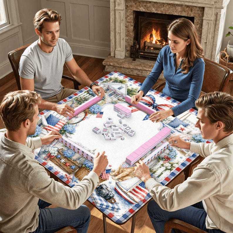 May include: A square game table covered with a patriotic-themed cloth featuring American flags, blue and white gingham borders, and floral accents. The table holds a set of white mahjong tiles with pink racks arranged for play.