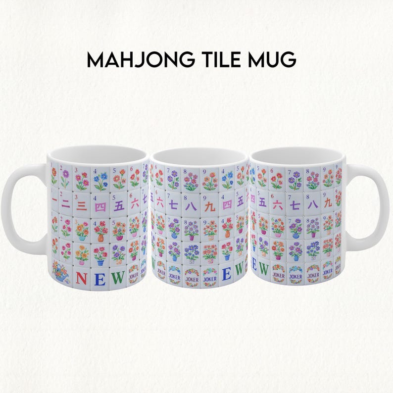 May include: Three white ceramic mugs with a Mahjong tile design. Each mug features a repeating pattern of colorful floral tiles with Chinese characters and numbers. The text "MAHJONG TILE MUG" is at the top, and the word "NEW" is at the bottom.