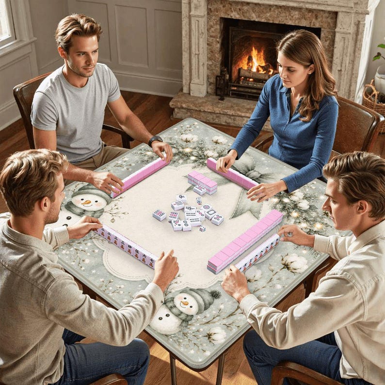 May include: A square game table featuring a festive winter theme with illustrations of snowmen and white flowers. The table surface holds a set of white mahjong tiles with black and red markings, arranged in rows and a central pile for gameplay.