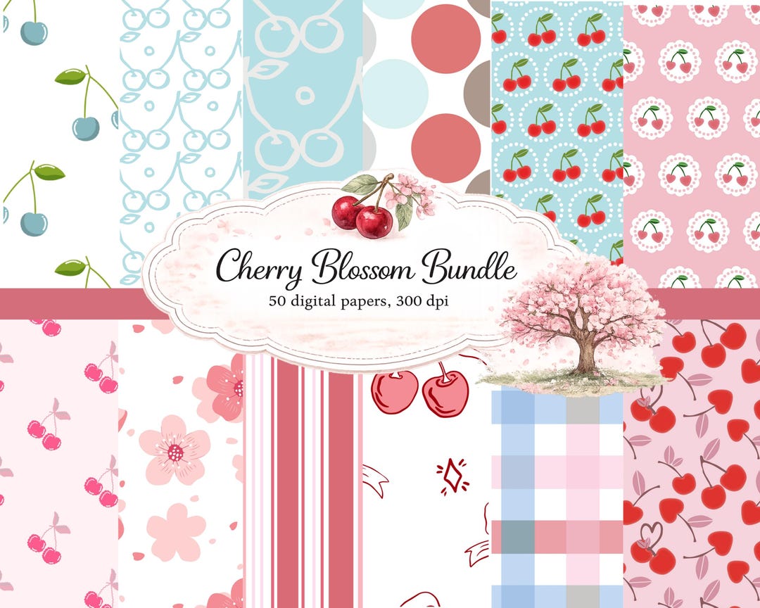 Cherry Blossom Digital Paper Set | Cute Cherry Fruit Patterns ...
