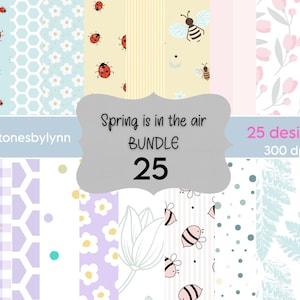 Carta digitale primaverile / Api e coccinelle pastello / Disegni per baby shower e scrapbooking / Motivi floreali per lavoretti primaverili, grafica di api pastello