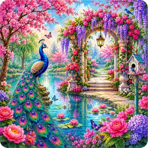 May include: A vibrant garden scene featuring a blue peacock with a long, iridescent tail standing by a pond. A stone archway is covered in pink and purple flowers, with a hanging lantern, a birdhouse, butterflies, and blooming peonies.