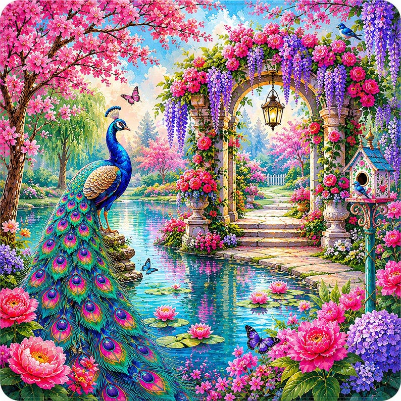 May include: A vibrant garden scene featuring a blue peacock with a long, iridescent tail standing by a pond. A stone archway is covered in pink and purple flowers, with a hanging lantern, a birdhouse, butterflies, and blooming peonies.