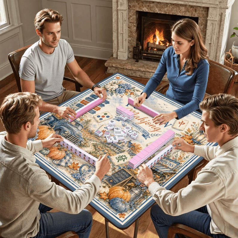May include: Four people are playing Mahjong around a square table. The table has a floral and harvest design. Pink Mahjong tiles and racks are visible, with the word "Mahjong" printed on the racks. The players are seated around the table.