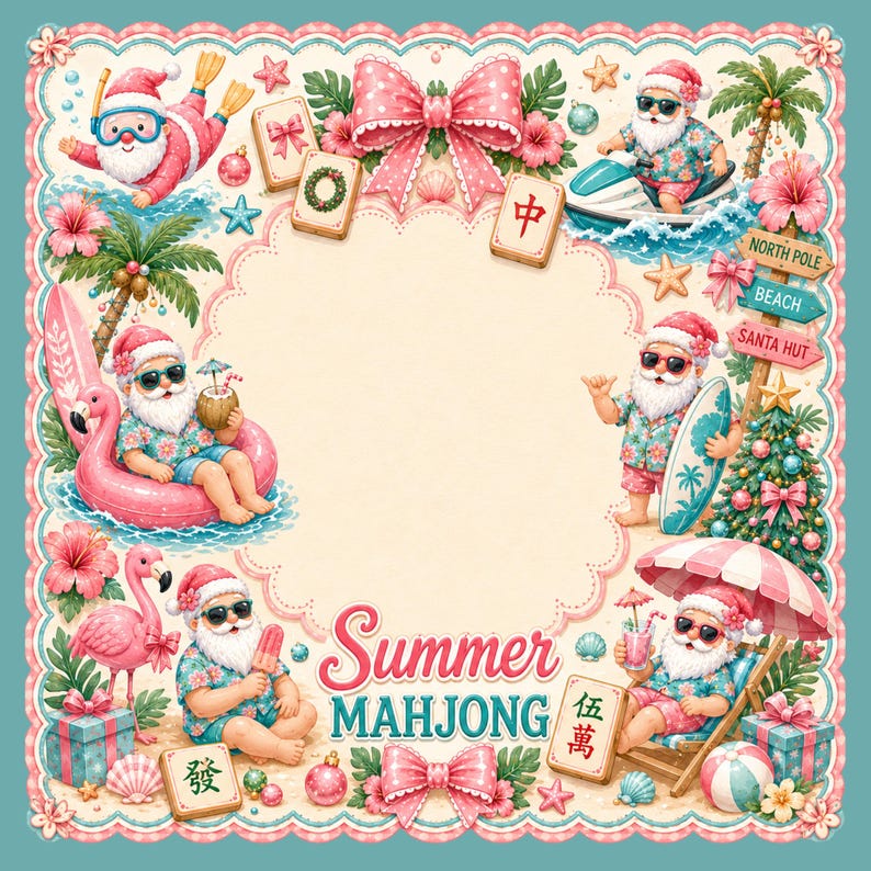 May include: A whimsical illustration featuring Santa Claus enjoying summer activities. Santa is depicted surfing, lounging on a beach, and playing Mahjong. The design includes tropical elements, a Christmas tree, and the text "Summer Mahjong."