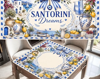 Santorini Dreams Mahjong Mat, Greece Mahjong Mat, Mediterranean Mahjong Gift, Blue White Coastal Mahjong Table Cover, Greek Island Decor