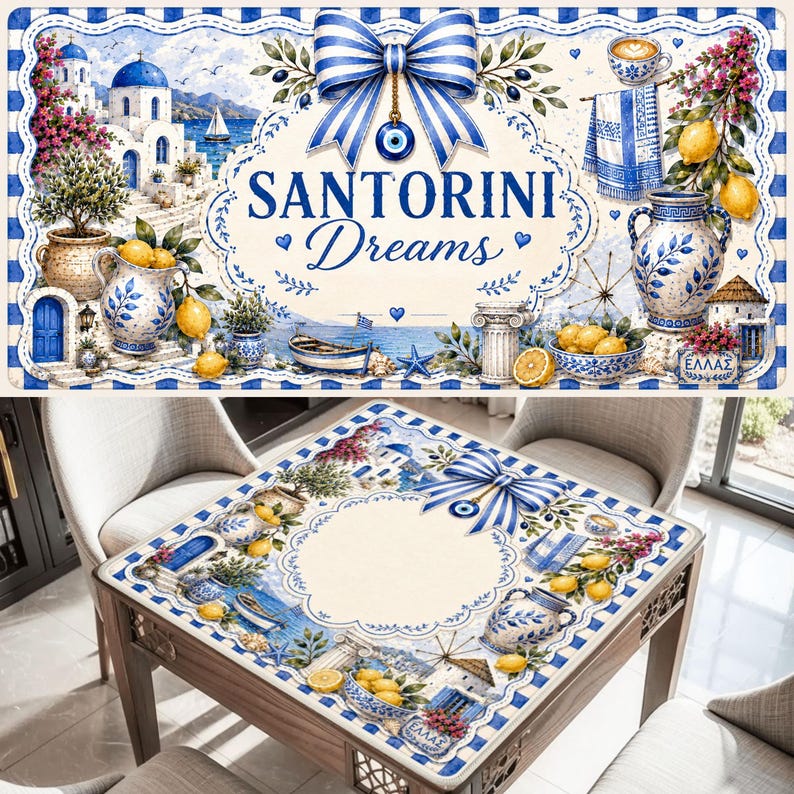 Op de afbeelding: Een vierkante tafel met een decoratief blad voorzien van een blauw-witte print in Santorini-stijl. Het ontwerp bevat Griekse architectuur, citroenen, een blauwe strik met een boze oog-amulet en de tekst "SANTORINI Dreams" op een cr&egrave;mekleurige achtergrond.