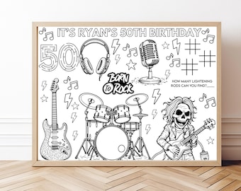 Coloriage, thème rock and roll | Coloriage anniversaire rock star pour enfants et adultes | Activité de fête en musique, cadeau et napperon