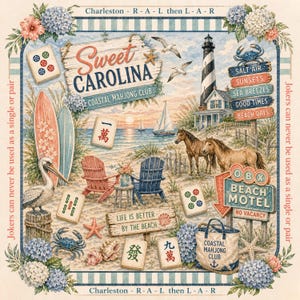 May include: A decorative coastal-themed print featuring a beach scene with a lighthouse, horses, surfboards, and mahjong tiles. Text includes Sweet Carolina Coastal Mahjong Club, Life is Better by the Beach, and OBX Beach Motel. Floral borders frame the image.