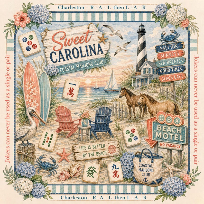 May include: A decorative coastal-themed print featuring a beach scene with a lighthouse, horses, surfboards, and mahjong tiles. Text includes Sweet Carolina Coastal Mahjong Club, Life is Better by the Beach, and OBX Beach Motel. Floral borders frame the image.