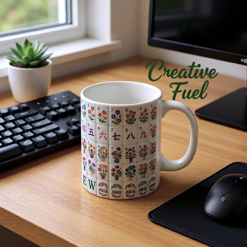 May include: White ceramic mug with a handle, decorated with colorful floral tiles and Chinese numerals. The mug has the text "Creative Fuel" in green script. A black keyboard, mouse, and succulent plant are in the background.