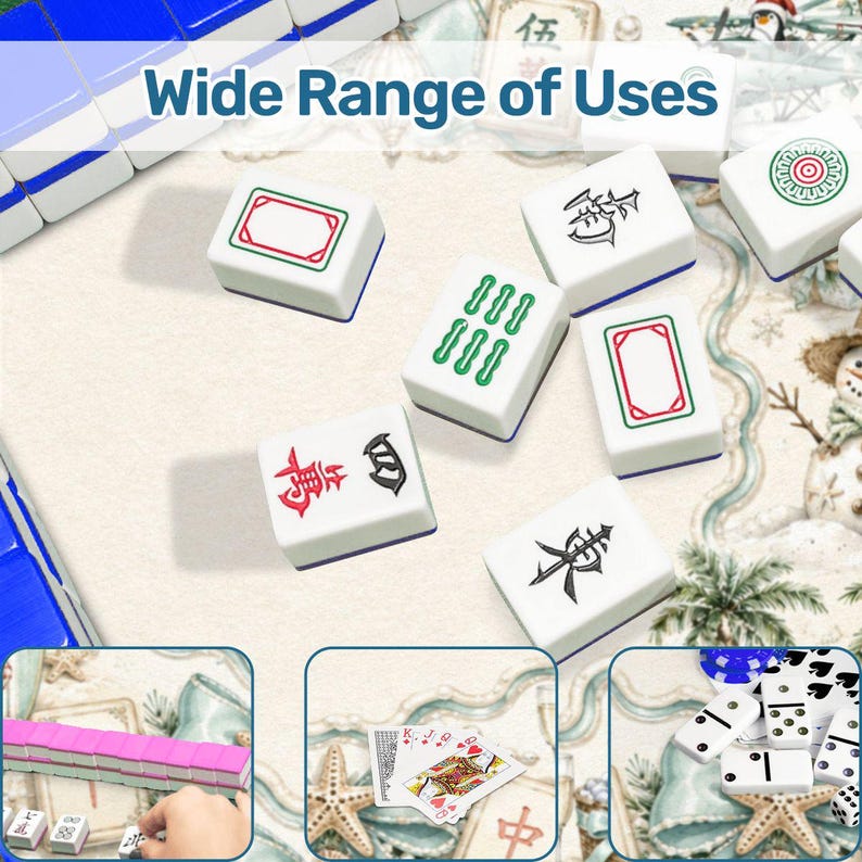 May include: White Mahjong tiles with blue edges and various symbols in red, green, and black. The text "Wide Range of Uses" is displayed at the top. Additional images show other games.