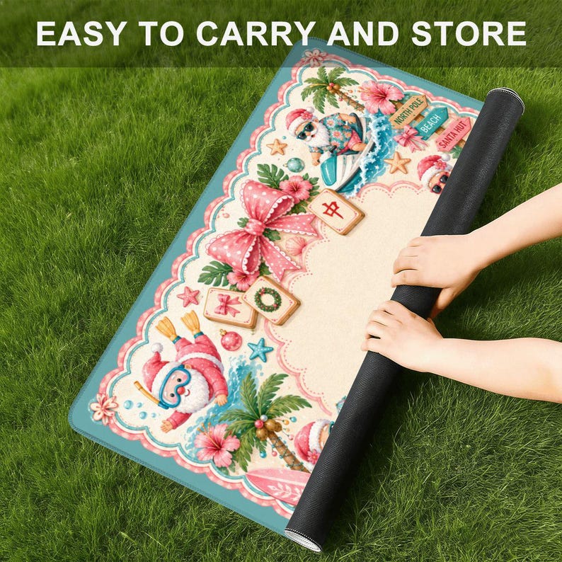May include: A rolled-up, rectangular mat with a colorful, festive design featuring Santa Claus, palm trees, and a large pink bow. The mat has a teal border and the text "EASY TO CARRY AND STORE" at the top.