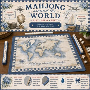 Op de afbeelding: Een Mahjong-spelset met een wereldkaartontwerp. Het spelbord heeft een blauw-wit nautisch thema met de tekst "Mahjong around the world". Inclusief tegels, dobbelstenen en een houten doos. De set is ontworpen voor reizen en spelavonden.