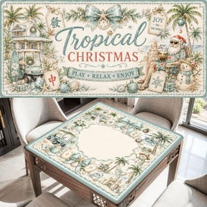 May include: A decorative table mat with a tropical Christmas theme. The mat features illustrations of a beach scene with Santa Claus, palm trees, and a golf cart. The text "Tropical Christmas" is prominently displayed.