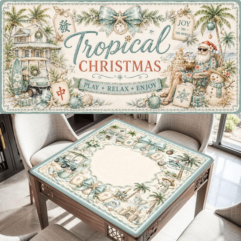 May include: A decorative table mat with a tropical Christmas theme. The mat features illustrations of a beach scene with Santa Claus, palm trees, and a golf cart. The text "Tropical Christmas" is prominently displayed.