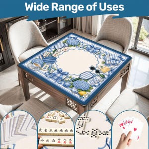 May include: A wooden square table with a blue and white floral patterned top. The table is surrounded by chairs. The image includes close-ups of playing cards, dominoes, and Mahjong tiles. Text at the top reads "Wide Range of Uses."