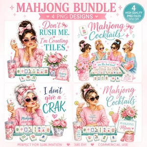 Könnte beinhalten: Ein digitales Kunstpaket mit vier Designs in Rosa und Türkis. Jedes Design enthält Illustrationen von Frauen, Mahjong-Steinen und Blumenarrangements. Der Text enthält "Mahjong Bundle", "Mahjong Cocktails" und "I don't give a CRAK."