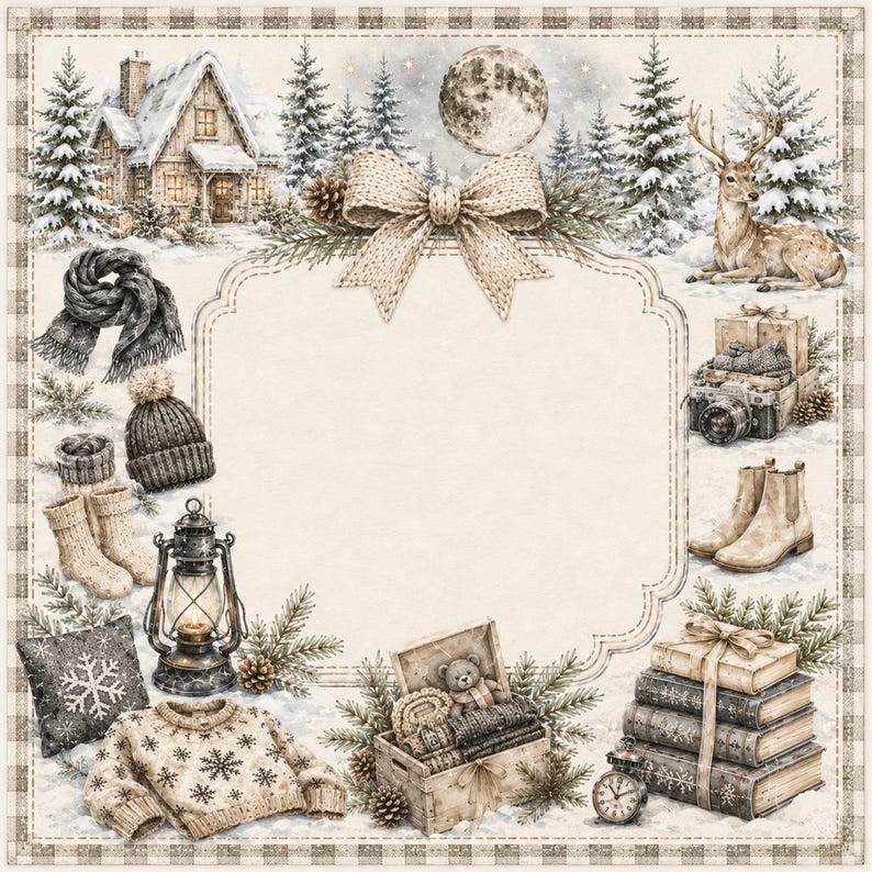 K&ouml;nnte beinhalten: Ein dekorativer Rahmen im Winterdesign mit einem leeren Bereich in der Mitte, umgeben von Illustrationen einer verschneiten H&uuml;tte, Tannenb&auml;umen, einem Vollmond, einem Hirsch, einem Schal, einer M&uuml;tze, Socken, einer Laterne, einem Schneeflockenkissen, einem Pullover, einer Kiste mit Teddyb&auml;r, B&uuml;chern und Stiefeln.