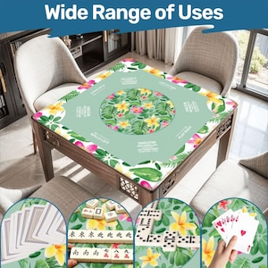 May include: A square game table with a floral design featuring yellow and pink flowers and green leaves. The table has a wooden frame and is surrounded by chairs. The text "Wide Range of Uses" is at the top.