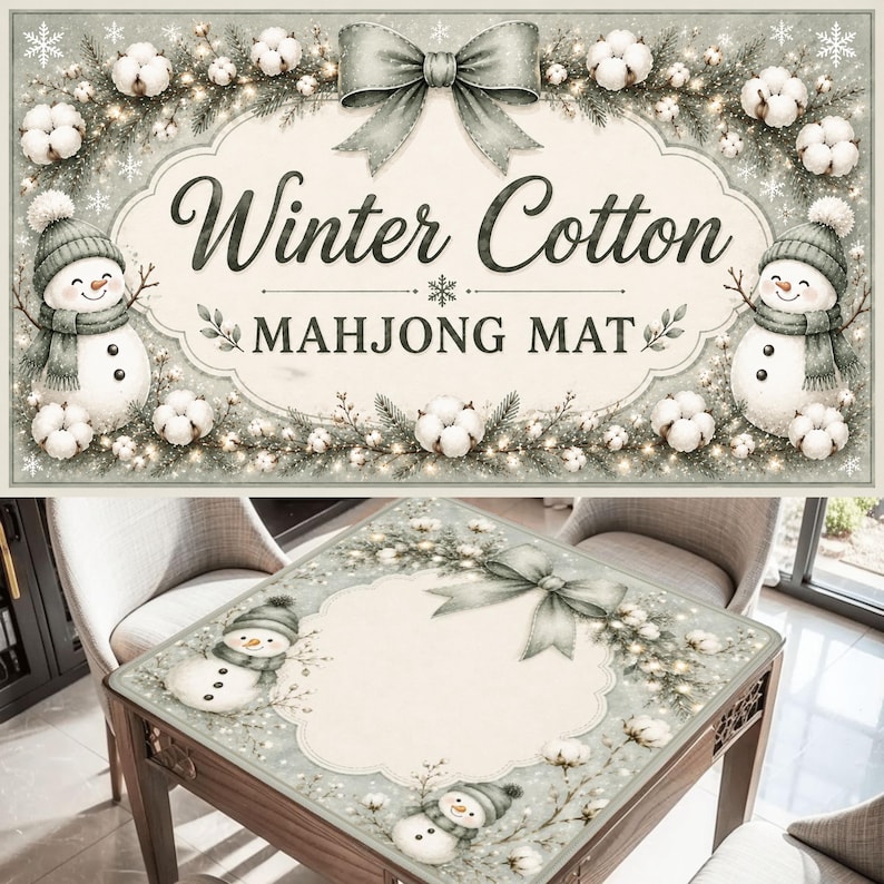 May include: A rectangular mahjong mat featuring a winter theme with the text Winter Cotton MAHJONG MAT. The design includes two snowmen wearing green hats and scarves, cotton bolls, pine branches, and a large green bow on a cream background.
