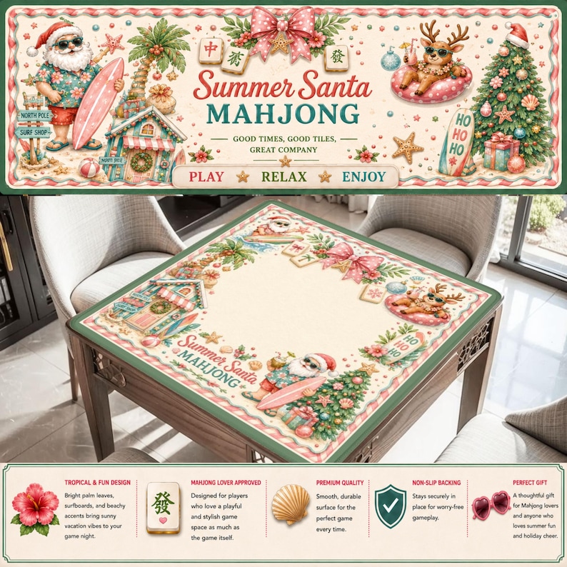 May include: A Summer Santa Mahjong set with a festive design. The game board depicts Santa Claus with a surfboard, palm trees, and a Christmas tree. The text on the board reads "Summer Santa Mahjong". The set is designed for gameplay.