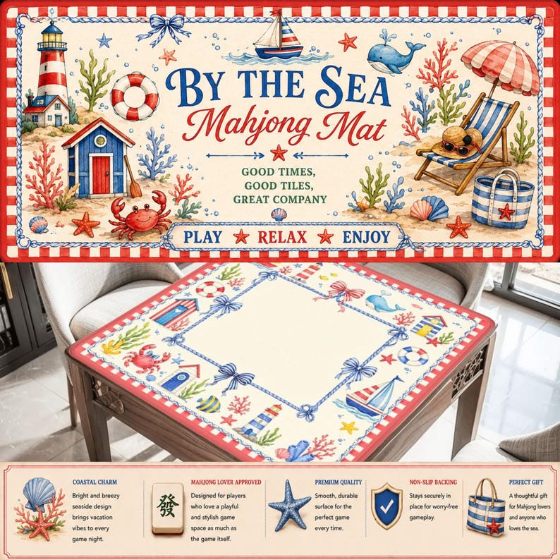 May include: A rectangular Mahjong mat with a coastal theme. The mat features illustrations of a lighthouse, sailboat, crab, and beach scene. Text on the mat reads "By The Sea Mahjong Mat". The mat is bordered with red and white stripes.
