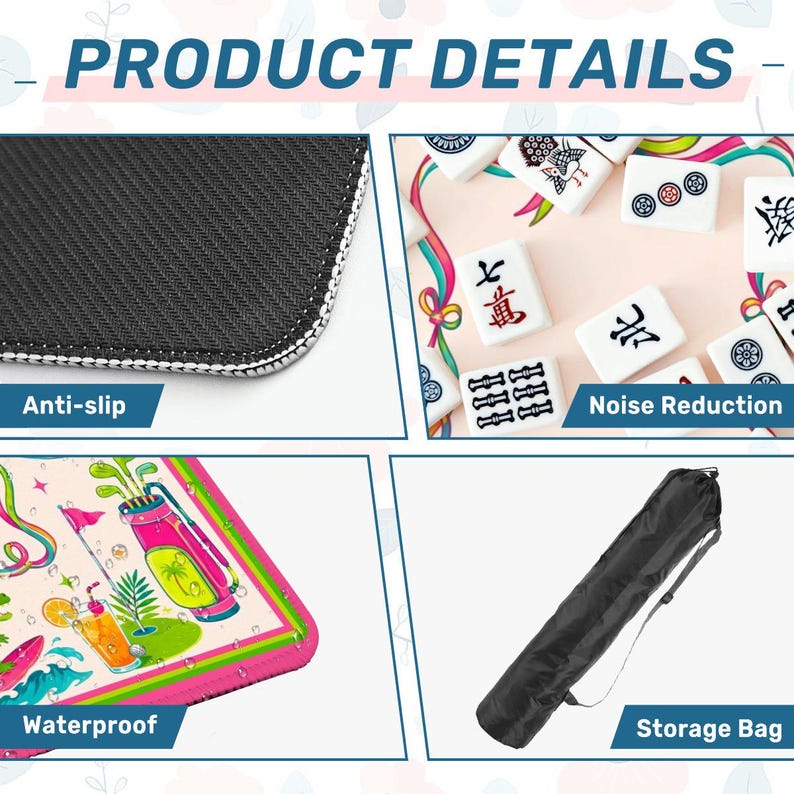 May include: A product detail graphic featuring a mahjong mat with a golf theme. It shows a black anti-slip rubber backing, white mahjong tiles for noise reduction, a colourful golf-themed mat surface, and a black cylindrical storage bag with a strap.