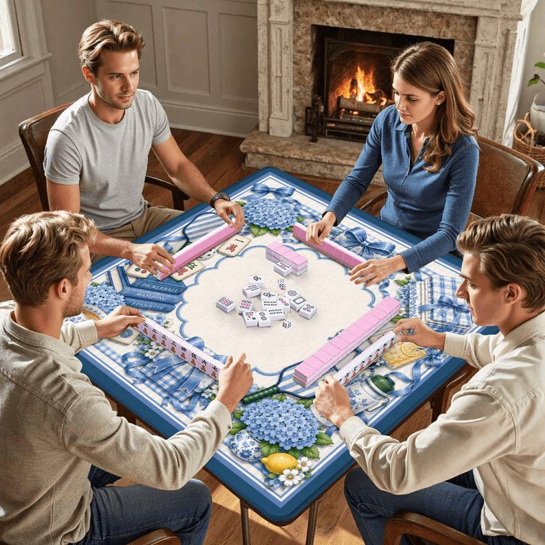 May include: Four people playing a game of Mahjong around a square table. The table has a blue and white floral design with pink tile holders. The game pieces are white with black markings. A fireplace is in the background.