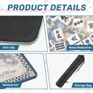 Op de afbeelding: Productdetails afbeelding met een antislip oppervlak, ruisonderdrukking, waterdicht ontwerp en een opbergtas. De afbeelding toont ook Mahjong-tegels en een kaartontwerp.