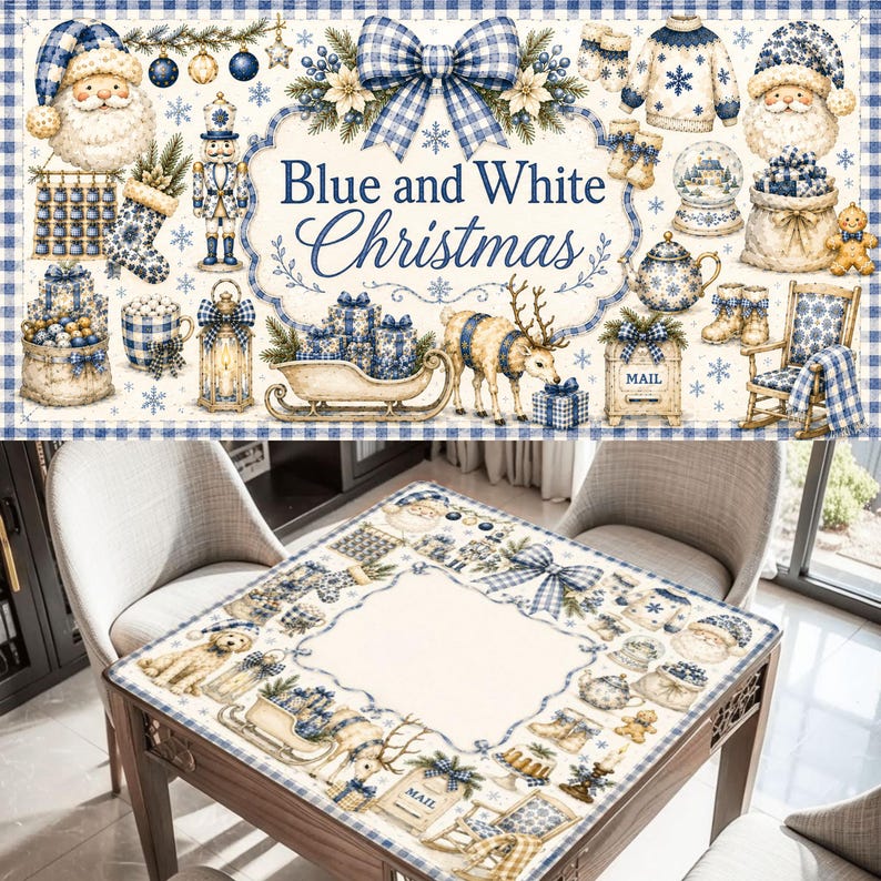 May include: A square tablecloth featuring a blue and white Christmas theme with illustrations of Santa Claus, a reindeer, a sleigh, a nutcracker, a teapot, a rocking chair, and gifts, all framed by a blue gingham border on a cream background.